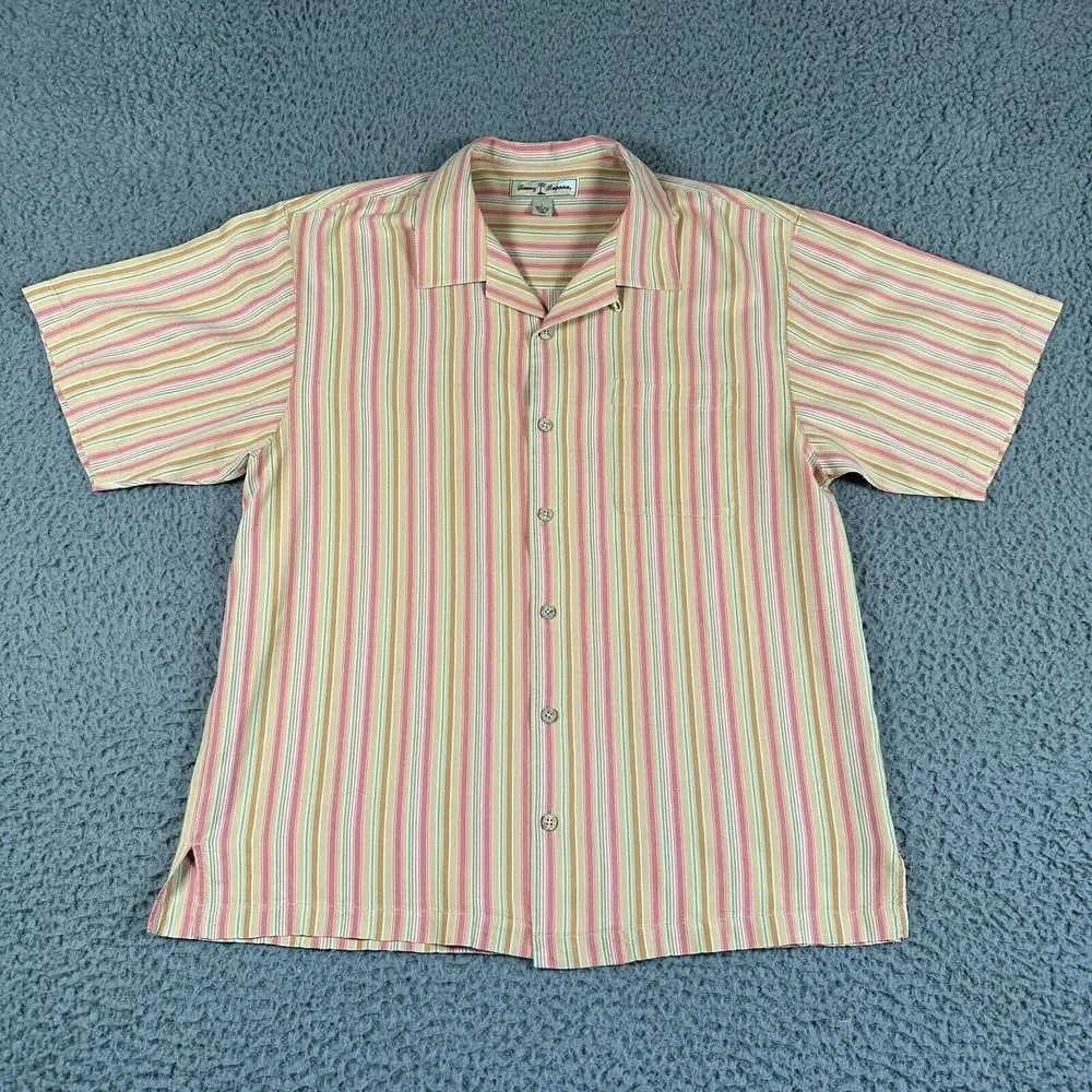 Tommy Bahama Silk Camp Shirt Men's Large Pastel Striped Silk Button Up